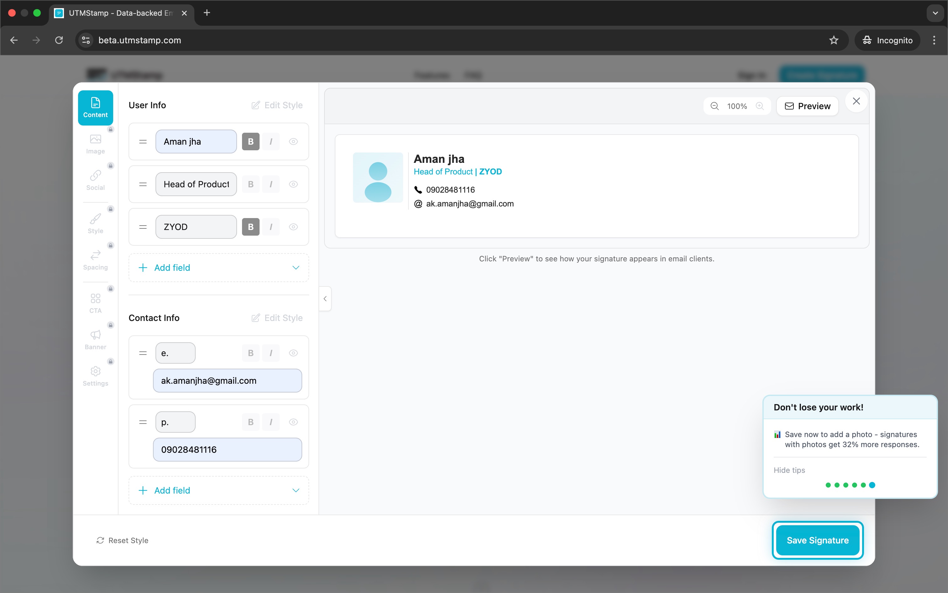 Signature editor with live preview