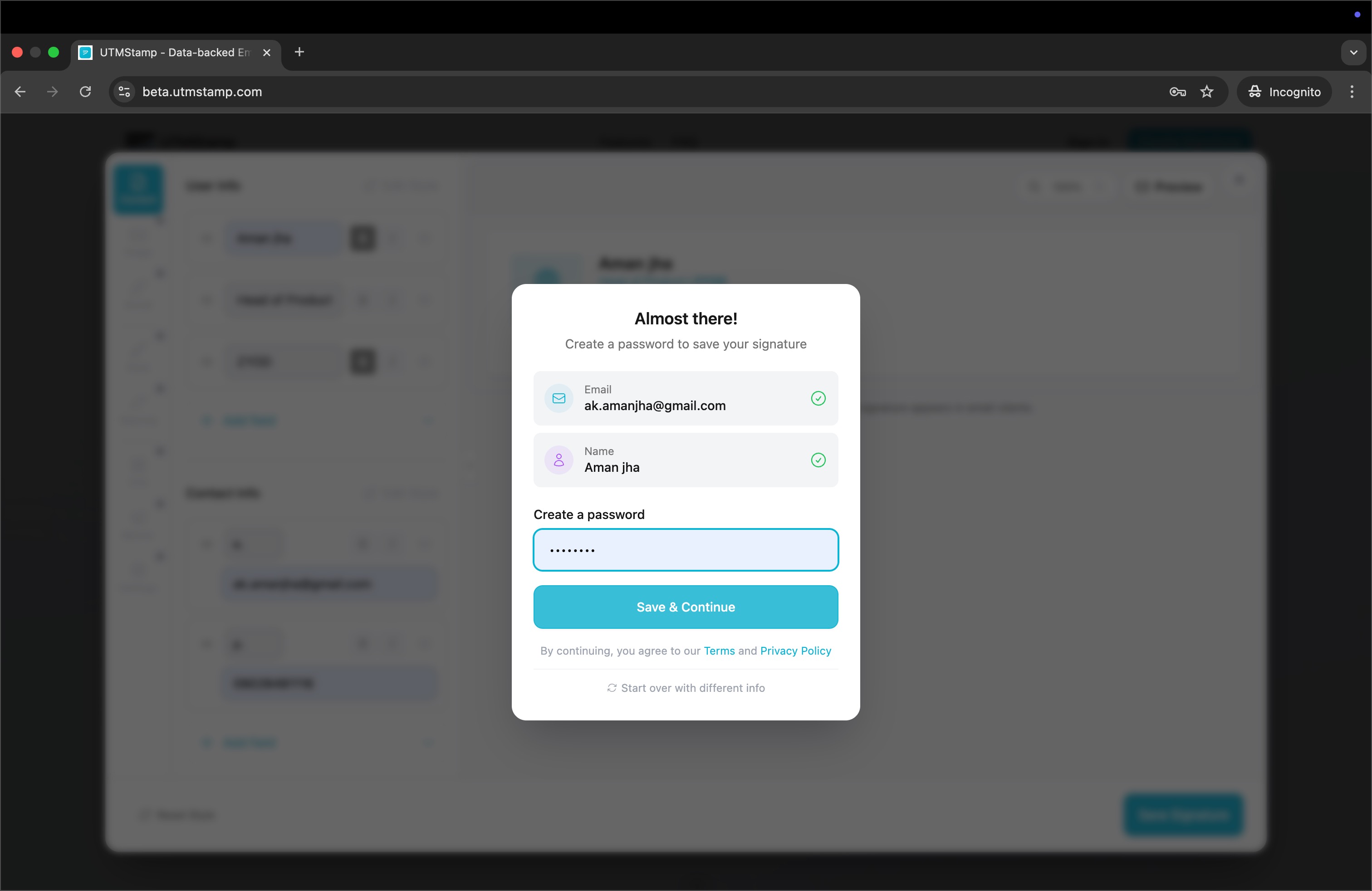 UTMStamp signup flow